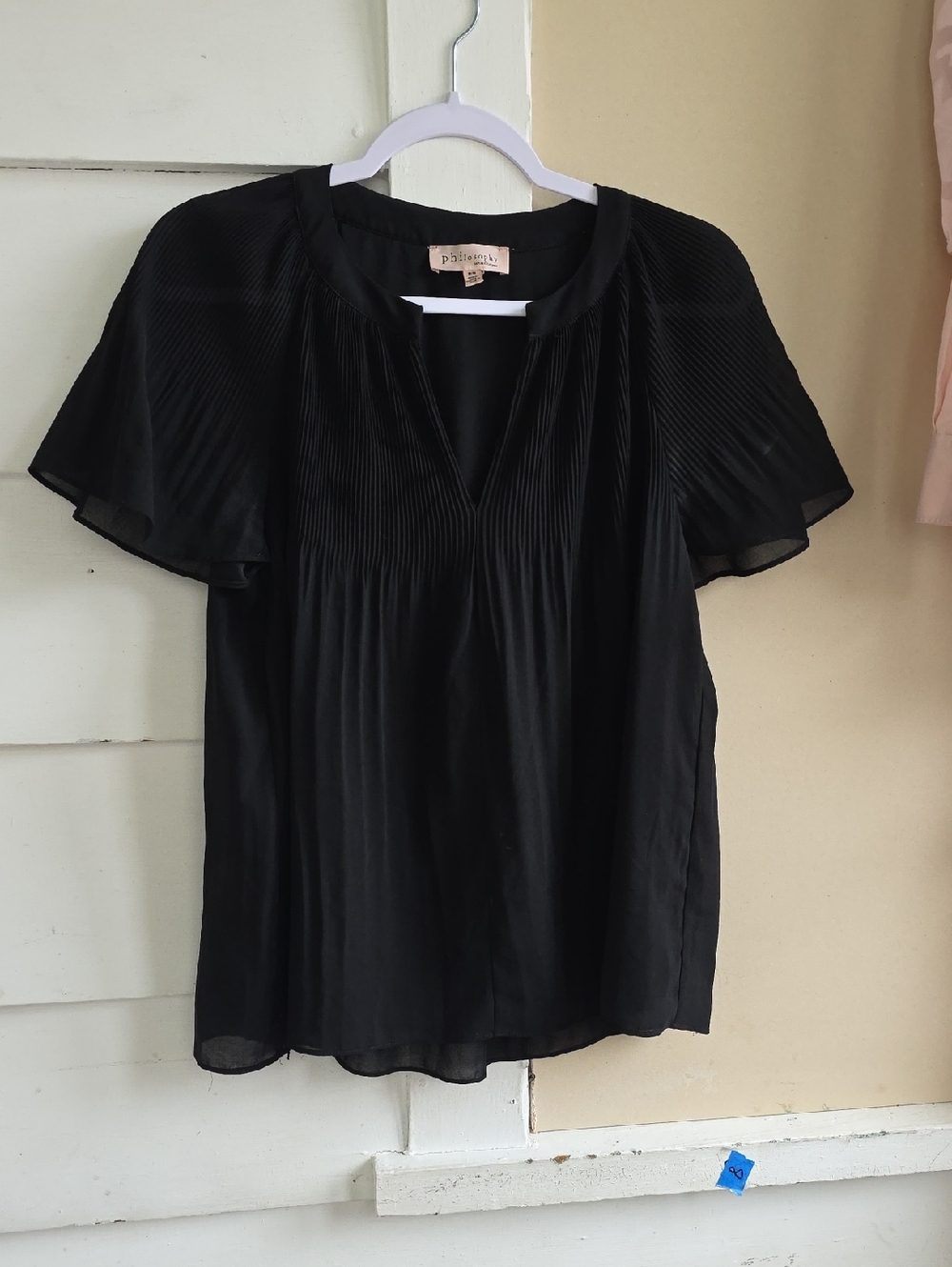 Pleione Black Pleated Flutter Sleeve Blouse